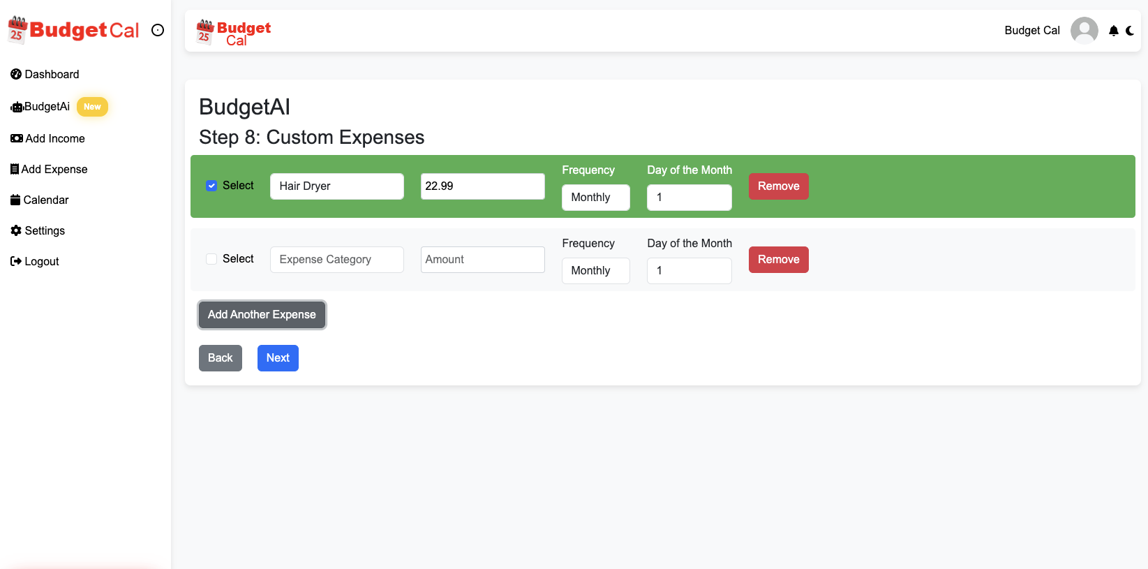 BudgetCal - Custom Expenses